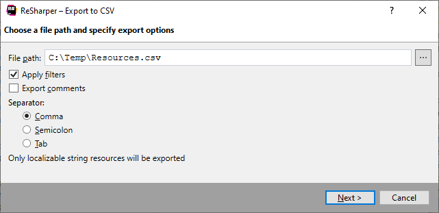 ReSharper：本地化管理器。 导出到 CSV