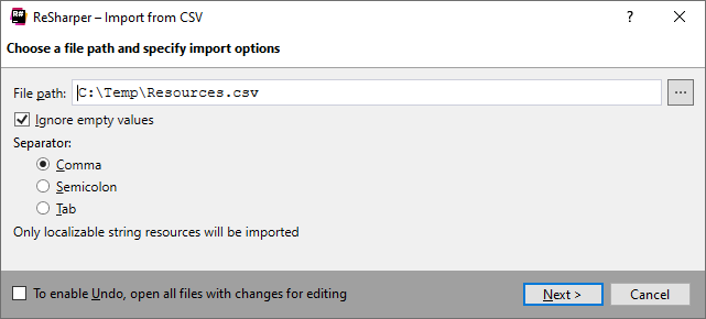 ReSharper：本地化管理器。 从 CSV 导入