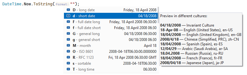 ReSharper。 格式说明符的文化预览