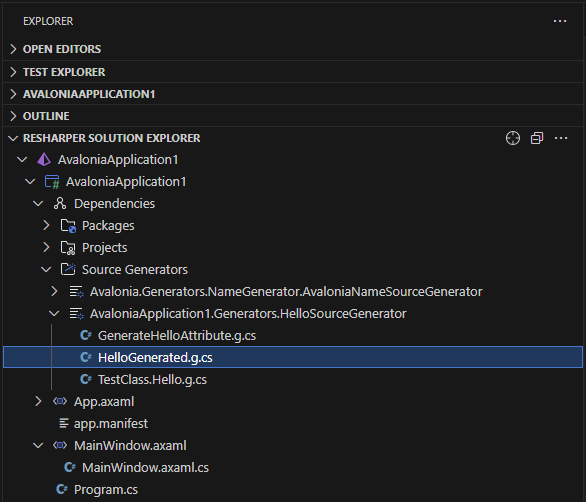 ReSharper: solution explorer showing generated sources