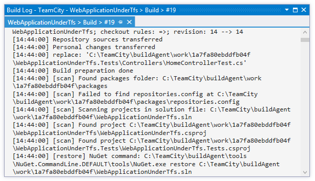 TeamCity&nbsp;Add-in: Build Log window
