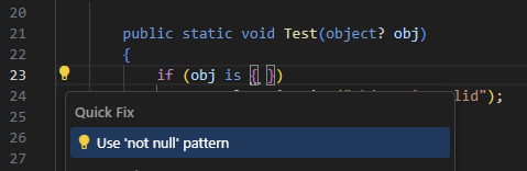 ReSharper syntax style inspection: Use 'not null' pattern