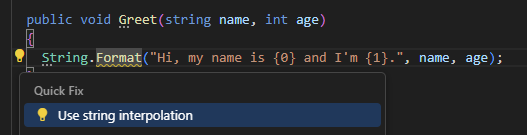 ReSharper for Visual Studio Code: Converting a usage of String.Format to string interpolation