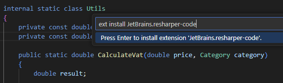 Install ReSharper in Visual Studio Code from the command palette