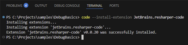 Install ReSharper in Visual Studio Code from the Terminal