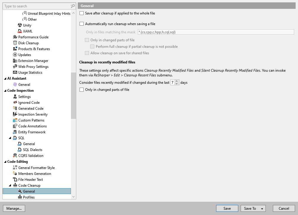 ReSharper options: Code Editing | Code Cleanup | General ReSharper options: Code Editing | Code Cleanup | General