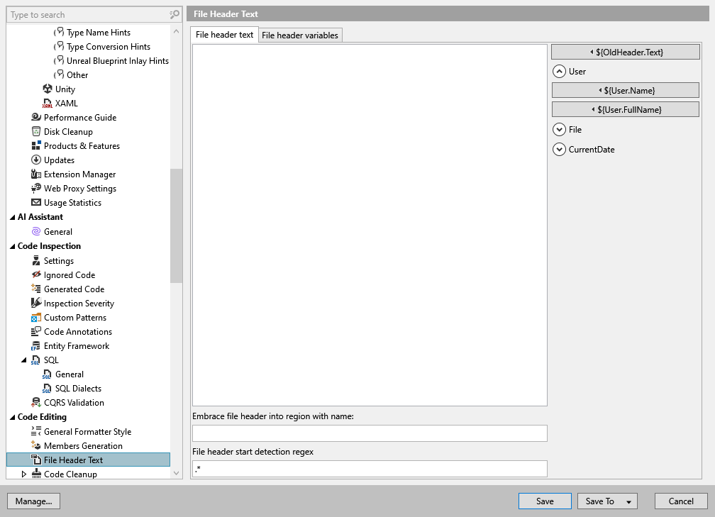 ReSharper options: Code Editing | File Header Text ReSharper options: Code Editing | File Header Text