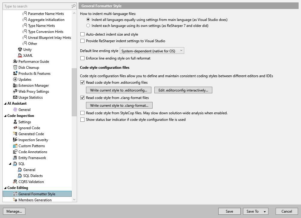 ReSharper options: Code Editing | General Formatter Style ReSharper options: Code Editing | General Formatter Style