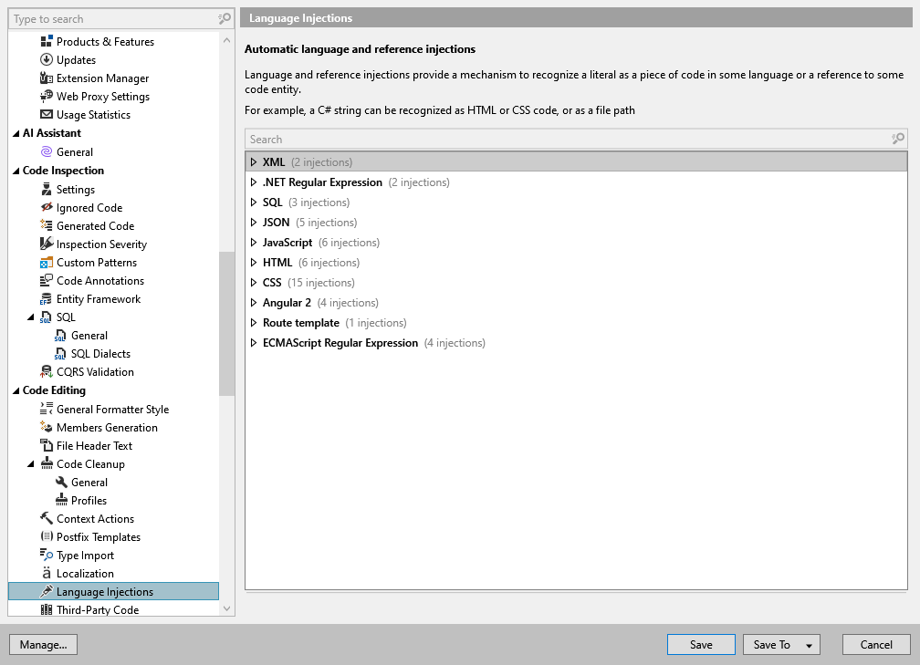 ReSharper options: Code Editing | Language Injections ReSharper options: Code Editing | Language Injections