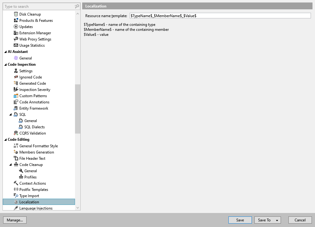 ReSharper options: Code Editing | Localization