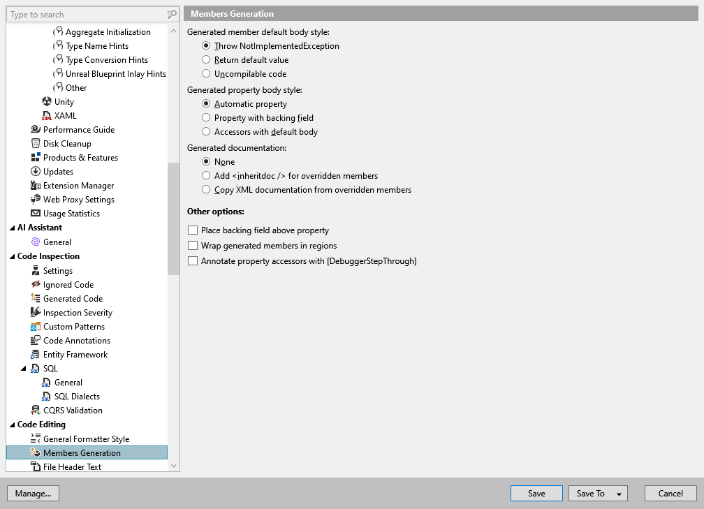 ReSharper options: Code Editing | Members Generation ReSharper options: Code Editing | Members Generation