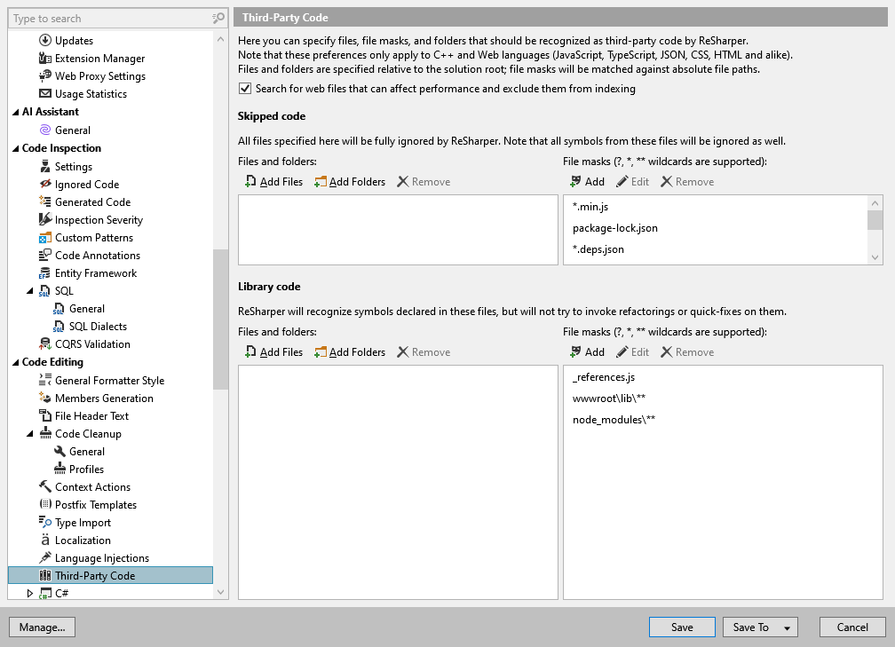 ReSharper options: Code Editing | Third-Party Code ReSharper options: Code Editing | Third-Party Code