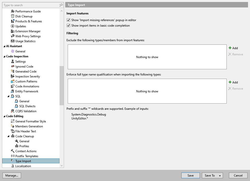 ReSharper options: Code Editing | Type Import ReSharper options: Code Editing | Type Import
