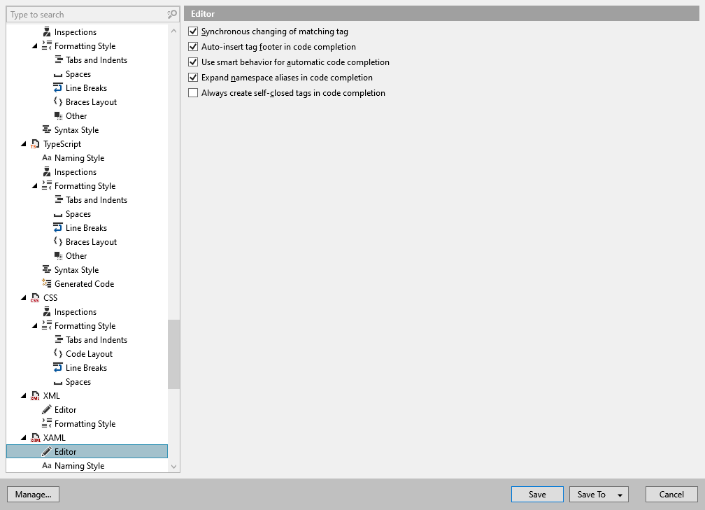 ReSharper 选项：代码编辑 | XAML | 编辑器