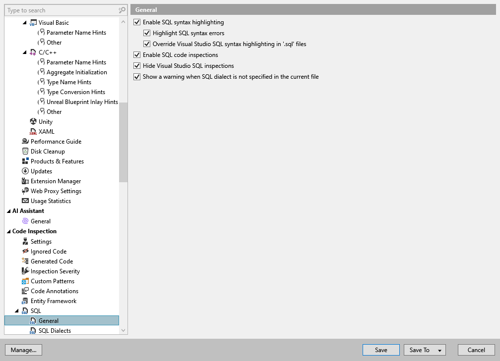 ReSharper options: Code Inspection | SQL | General ReSharper options: Code Inspection | SQL | General
