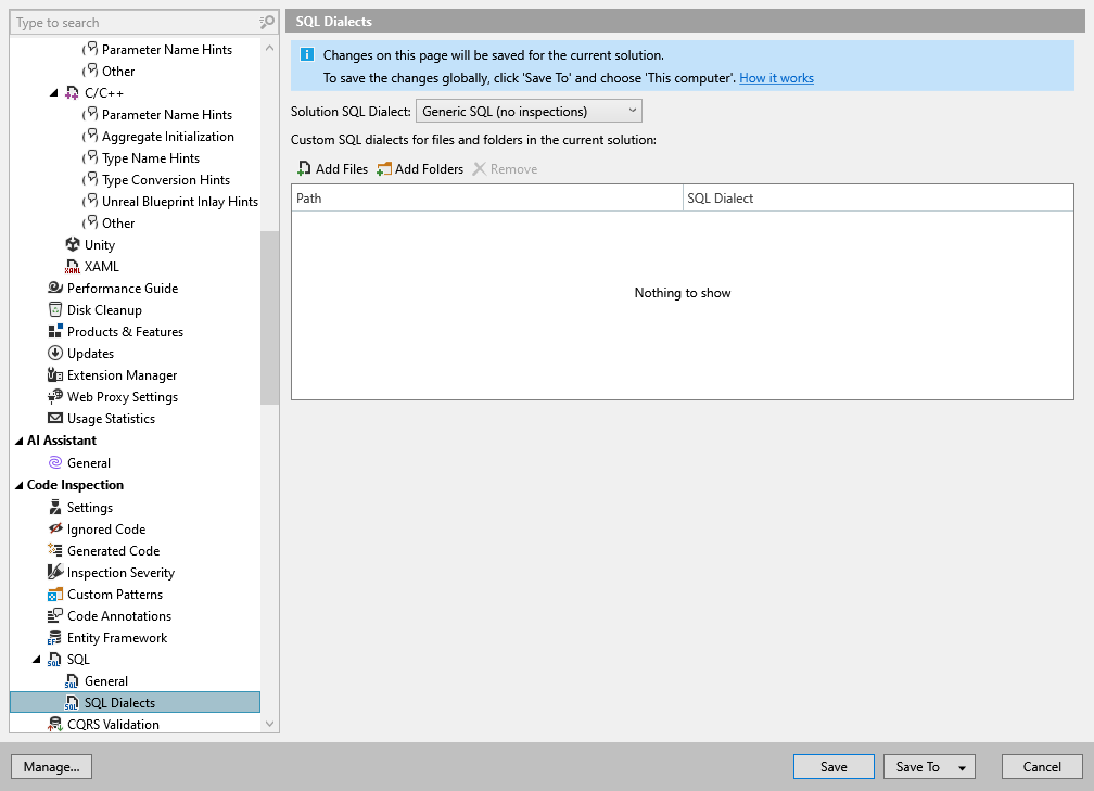 ReSharper options: Code Inspection | SQL | SQL Dialects ReSharper options: Code Inspection | SQL | SQL Dialects