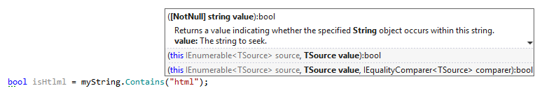 Viewing available method signatures using the ReSharper's parameter information popup Viewing available method signatures using the ReSharper's parameter information popup