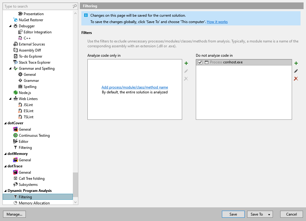 ReSharper options: Dynamic Program Analysis | Filtering