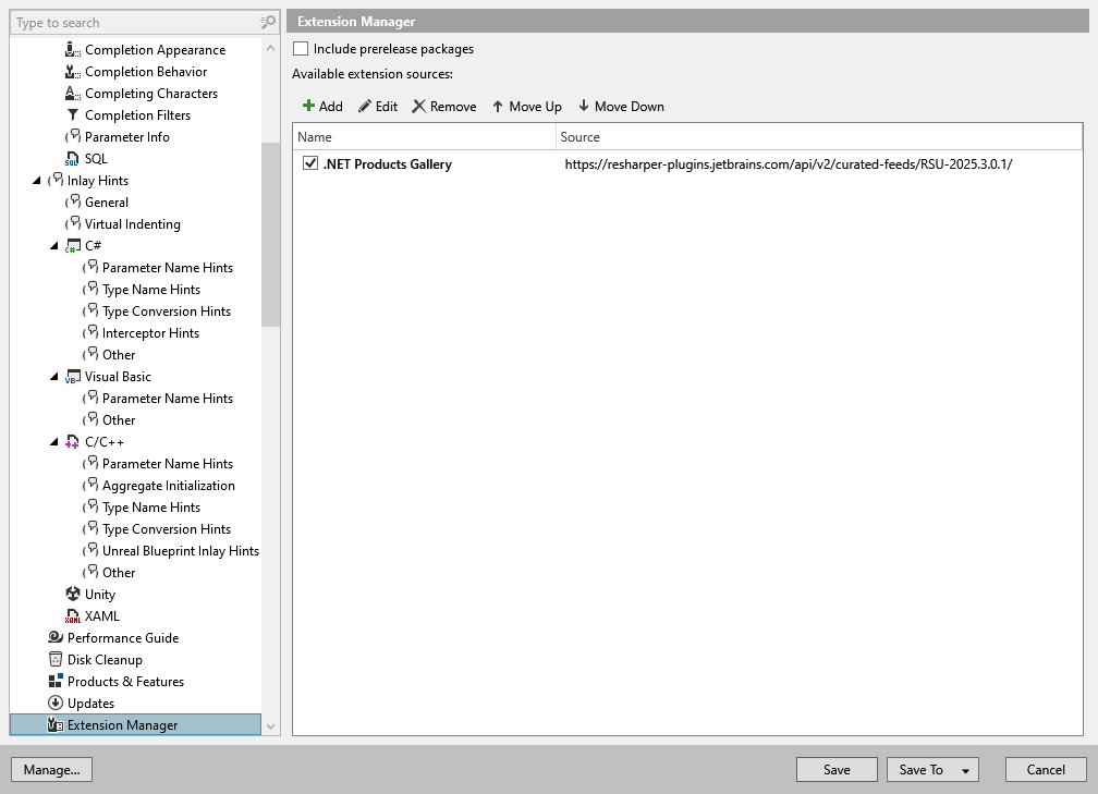 ReSharper options: Environment | Extension Manager ReSharper options: Environment | Extension Manager