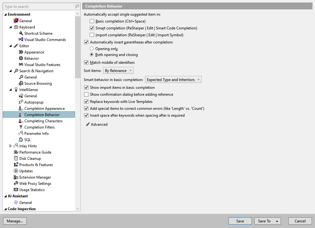ReSharper options: Environment | IntelliSense | Completion Behavior