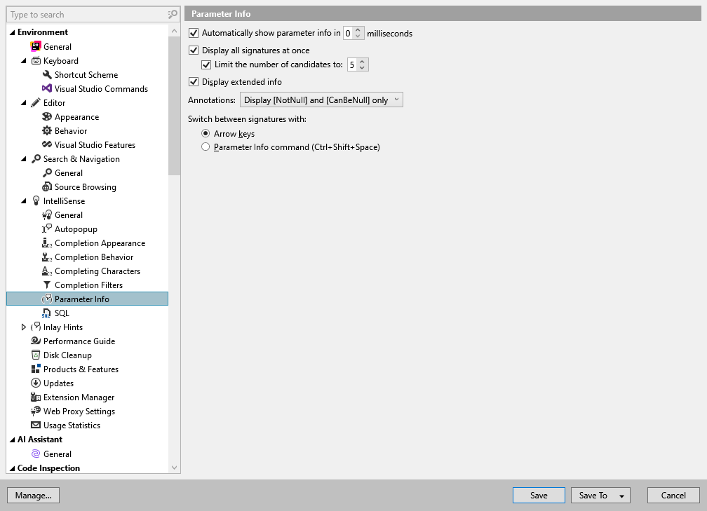 ReSharper options: Environment | IntelliSense | Parameter Info ReSharper options: Environment | IntelliSense | Parameter Info