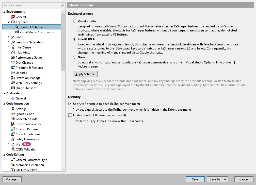 ReSharper options: Environment | Keyboard | Shortcuts Scheme ReSharper options: Environment | Keyboard | Shortcuts Scheme