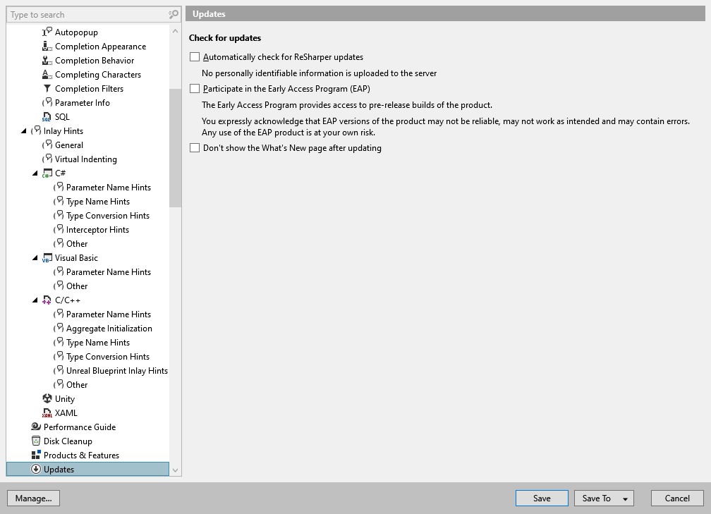 ReSharper options: Environment | Updates ReSharper options: Environment | Updates