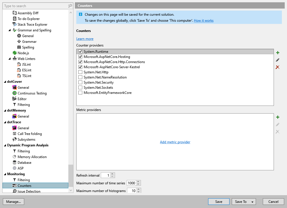 ReSharper options: Monitoring | Counters and Metrics
