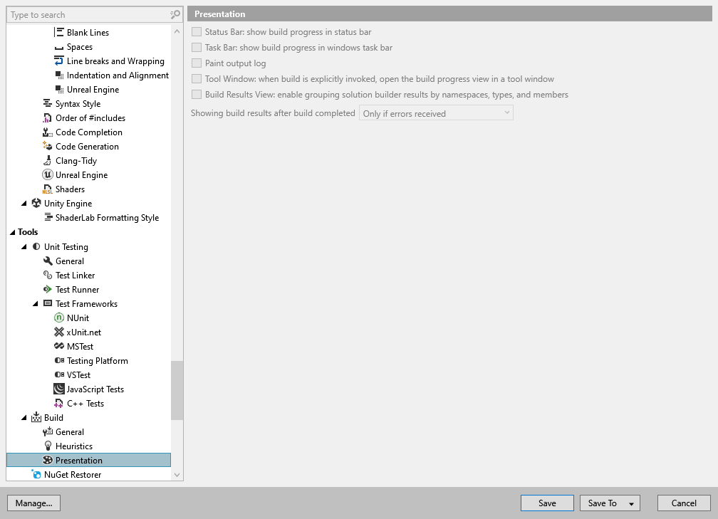 dotCover options: Tools | Build | Presentation dotCover options: Tools | Build | Presentation