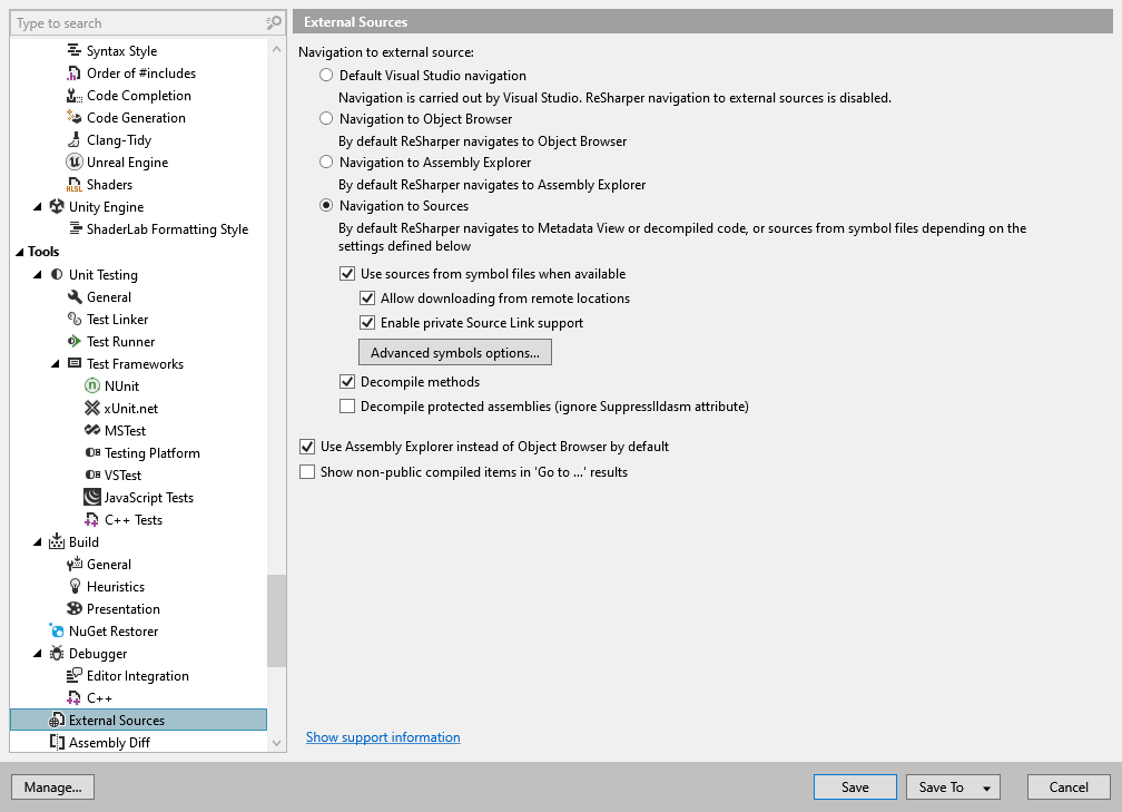 ReSharper options: Tools | External Sources ReSharper options: Tools | External Sources