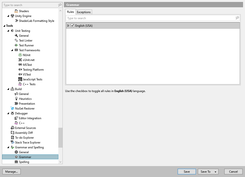 ReSharper options: Tools | Grammar and Spelling | Grammar ReSharper options: Tools | Grammar and Spelling | Grammar