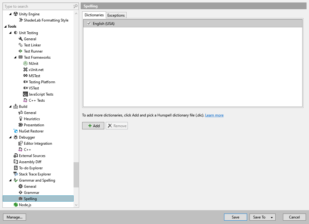 ReSharper options: Tools | Grammar and Spelling | Spelling ReSharper options: Tools | Grammar and Spelling | Spelling