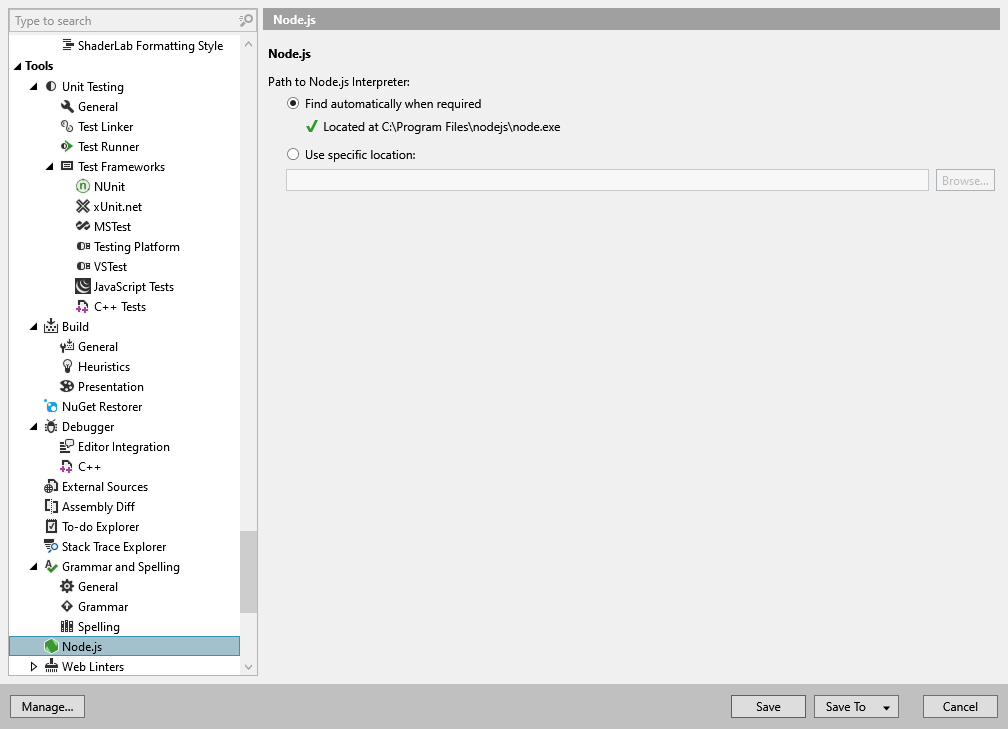 ReSharper options: Tools | Node.js ReSharper options: Tools | Node.js