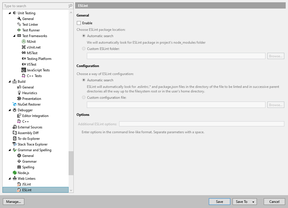 ReSharper options: Tools | Web Linters | ESLint ReSharper options: Tools | Web Linters | ESLint