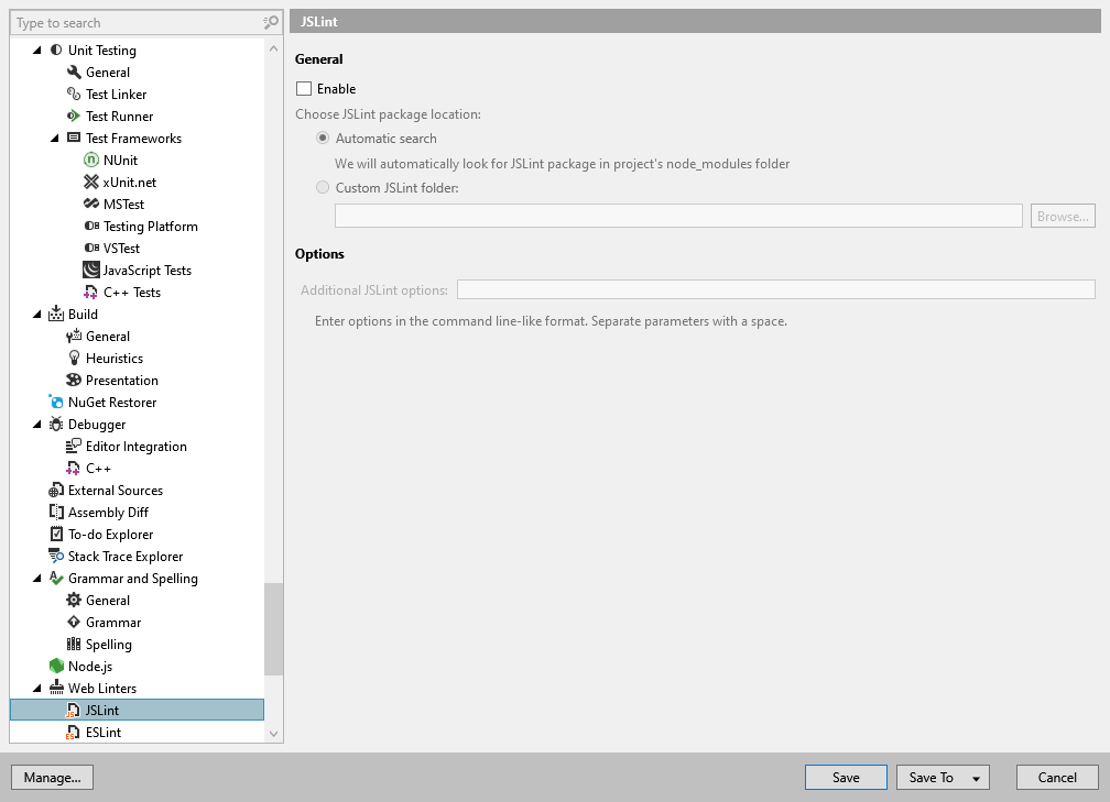 ReSharper options: Tools | Web Linters | JSLint ReSharper options: Tools | Web Linters | JSLint