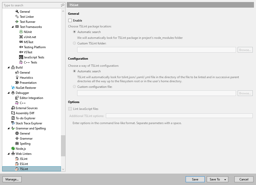ReSharper options: Tools | Web Linters | TSLint ReSharper options: Tools | Web Linters | TSLint