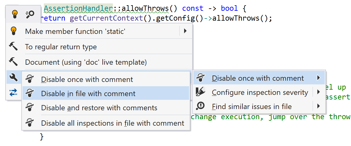 Disable inspections in C++ Disable inspections in C++