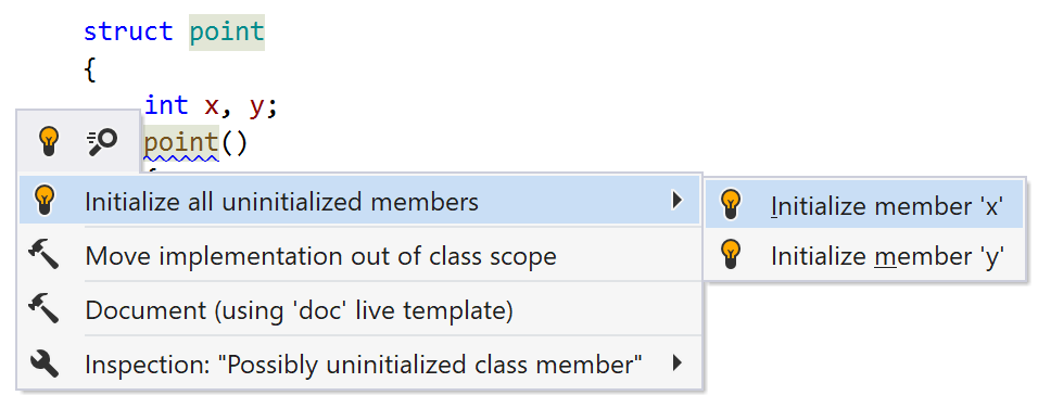 ReSharper C++: quick-fix to initialize members ReSharper C++: quick-fix to initialize members