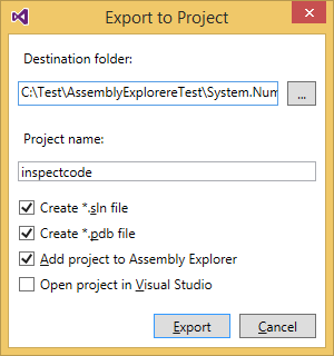 Export to Project dialog Export to Project dialog