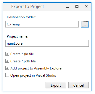Export to Project dialog Export to Project dialog