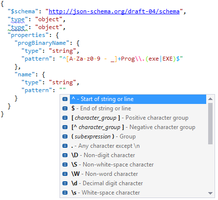 JSON 文件中的代码检查和正则表达式补全