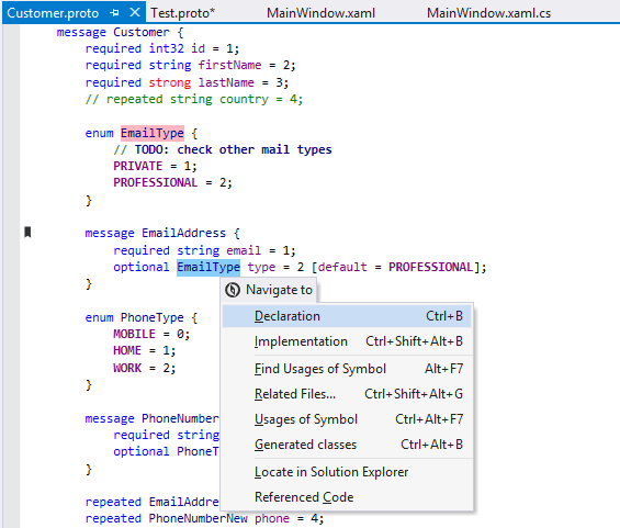 ReSharper 在 .proto 文件中针对 Google Protocol Buffers (Protobuf) 的功能