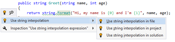 ReSharper for Visual Studio Code: Converting a usage of String.Format to string interpolation