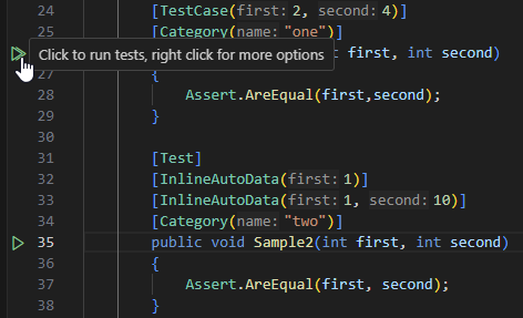 ReSharper for Visual Studio Code shows different indicators for unit tests in the editor ReSharper for Visual Studio Code shows different indicators for unit tests in the editor