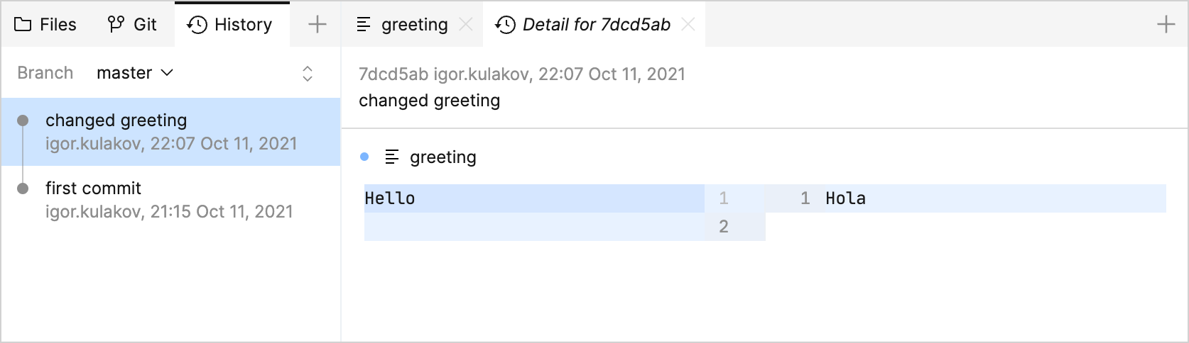 Viewing diff in the editor Viewing diff in the editor