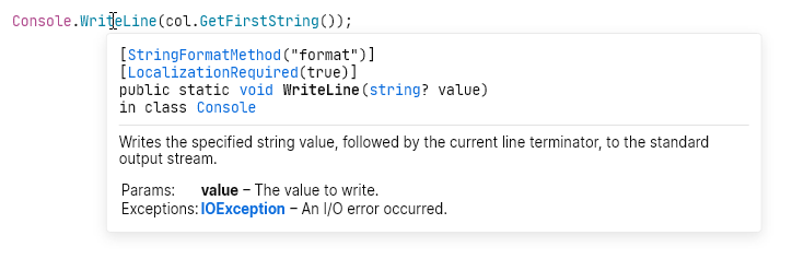 JetBrains Fleet: Quick documentation in C#