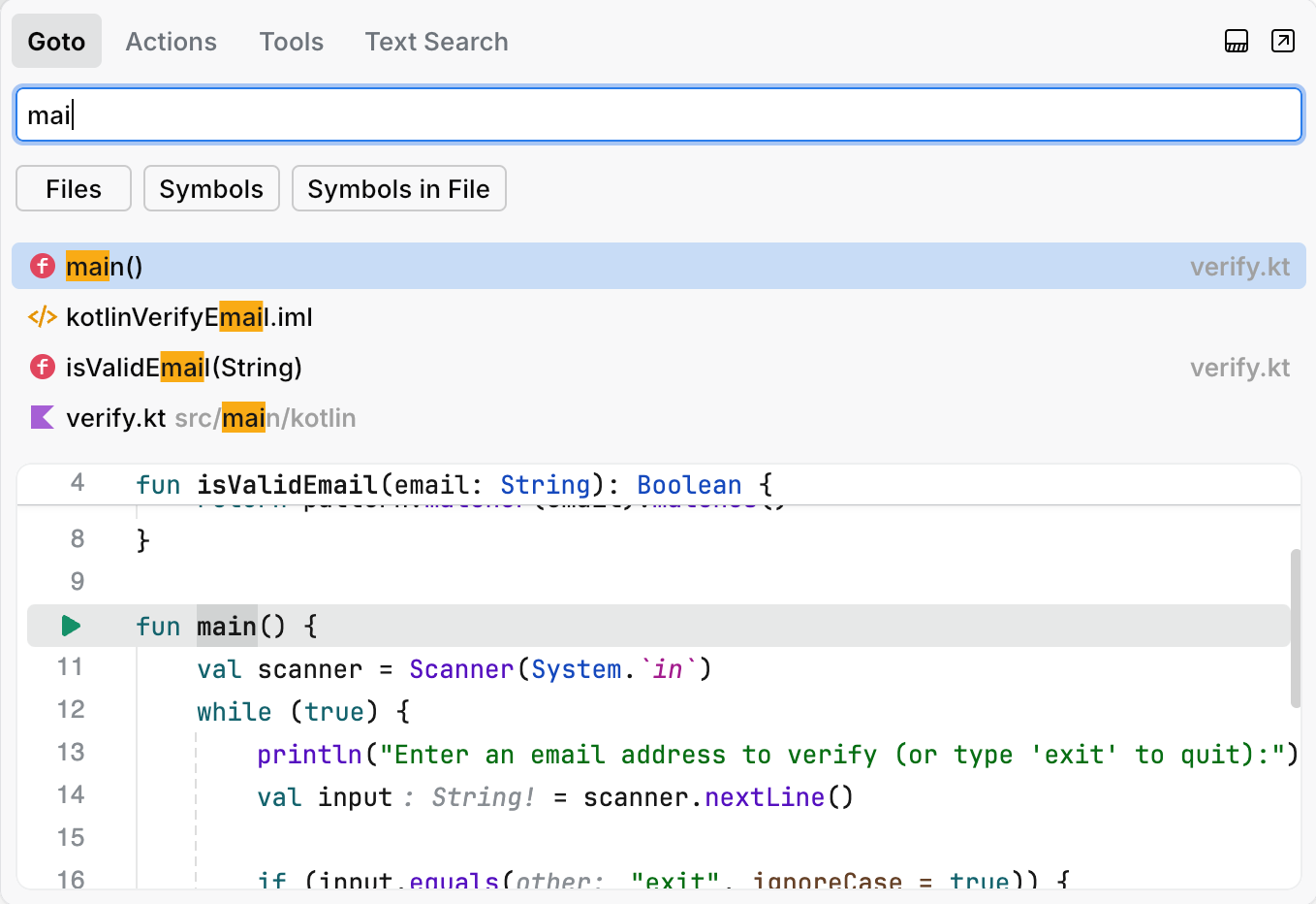 Searching for main() in the go to popup Searching for main() in the go to popup