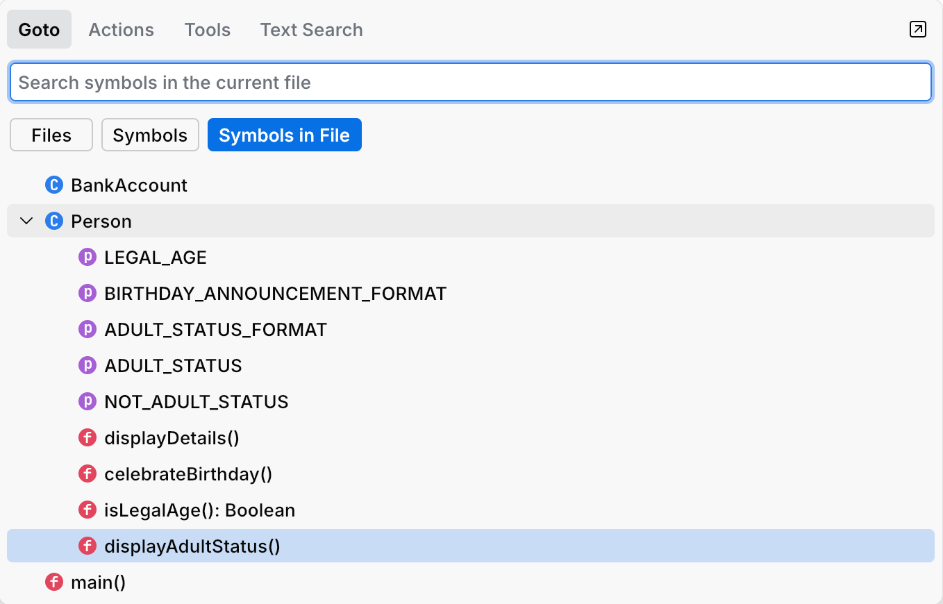Viewing file structure in Go to popup Viewing file structure in Go to popup