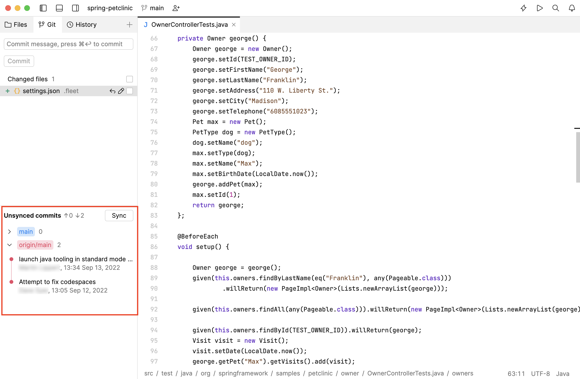Unsynced commits tab Unsynced commits tab