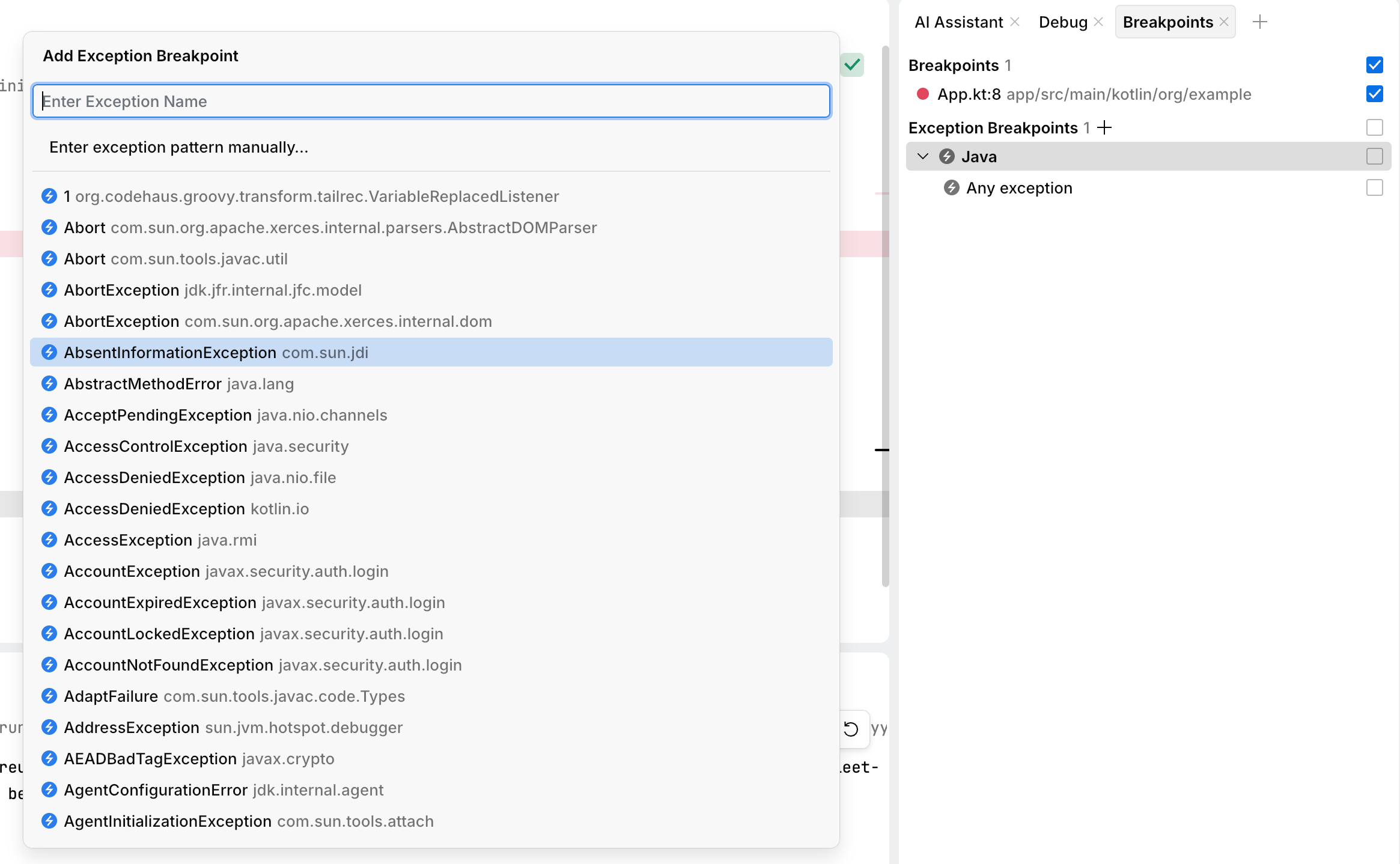 Add icon in the Exception Breakpoints section of the Breakpoints tool Add icon in the Exception Breakpoints section of the Breakpoints tool